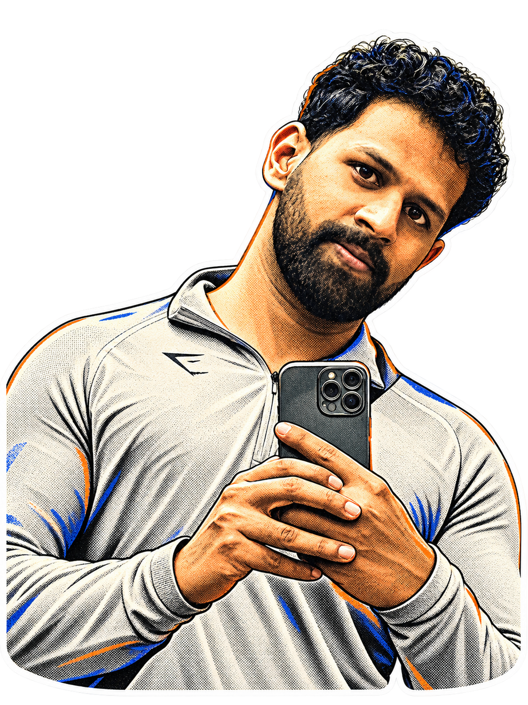 Illustrated portrait of Prafful holding his phone